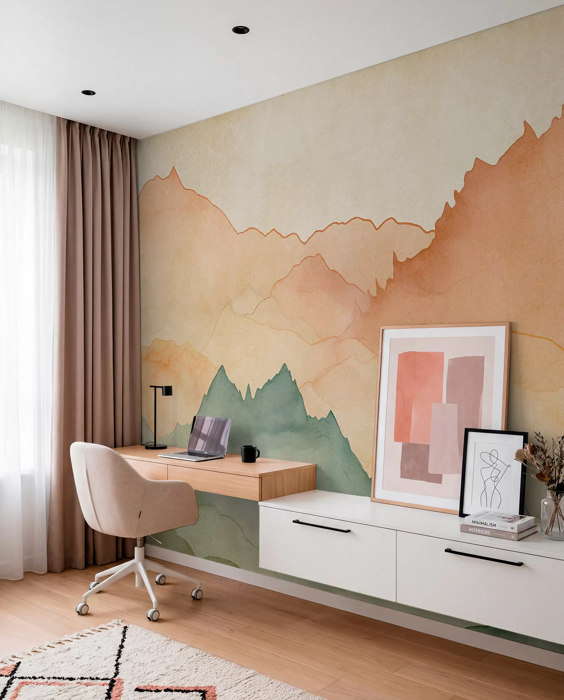 wall murals Mountain ranges, watercolor vintage, pink, blue and yellow color w07965