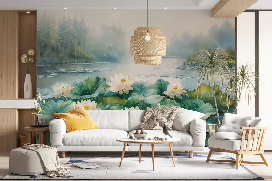 wall murals Water lilies, forest lake, acrylic drawing, nature, green and white colors w07957