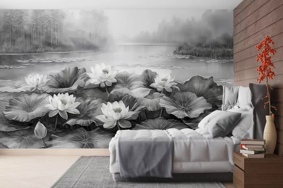wall murals Water lilies, forest lake, acrylic drawing, nature, grey colors w07957v1