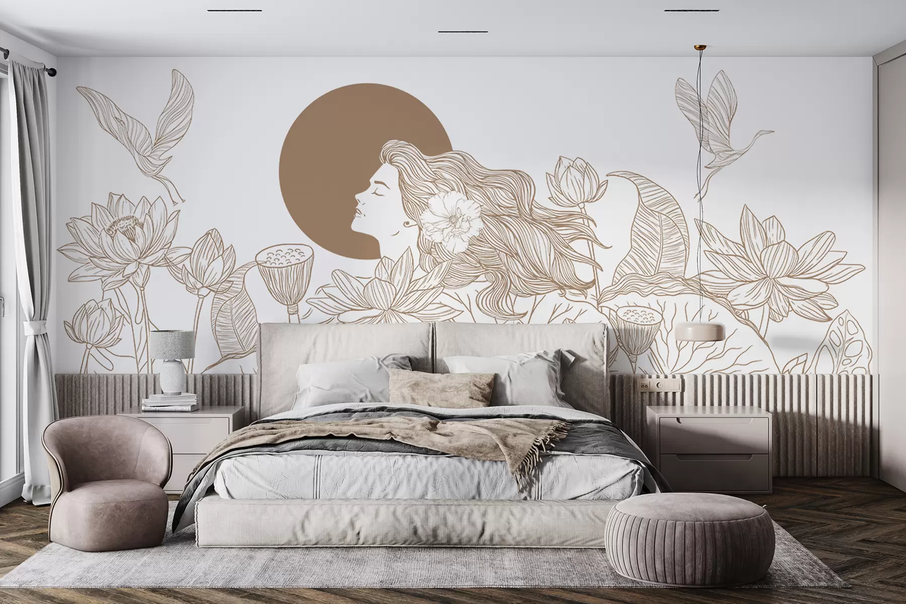 wall murals Woman in the nature, line drawing, lotus flowers, big leaves, flying birds, beige color w07988v1