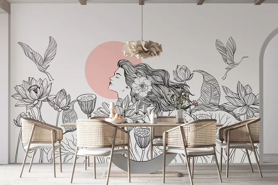 wall murals Woman in the nature, line drawing, lotus flowers, big leaves, flying birds, black and pink color w07988v5