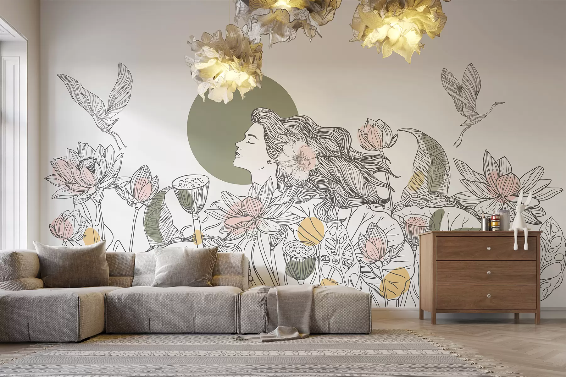 wall murals Woman in the nature, line drawing, lotus flowers, big leaves, flying birds, pastel colors w07988v6