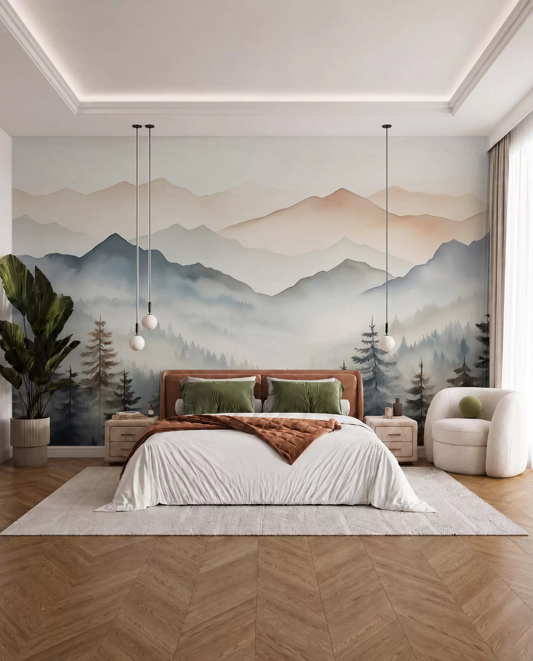 wall murals Mountain ranges against the forest watercolor w08024
