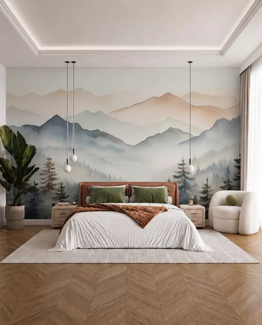 wall murals Mountain ranges against the forest watercolor w08024