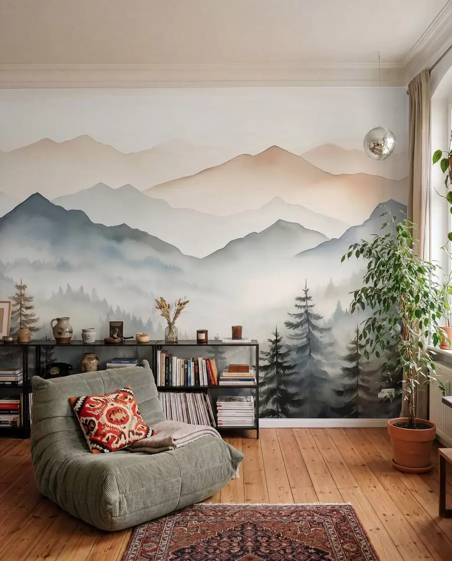 wall murals Mountain ranges against the forest watercolor w08024