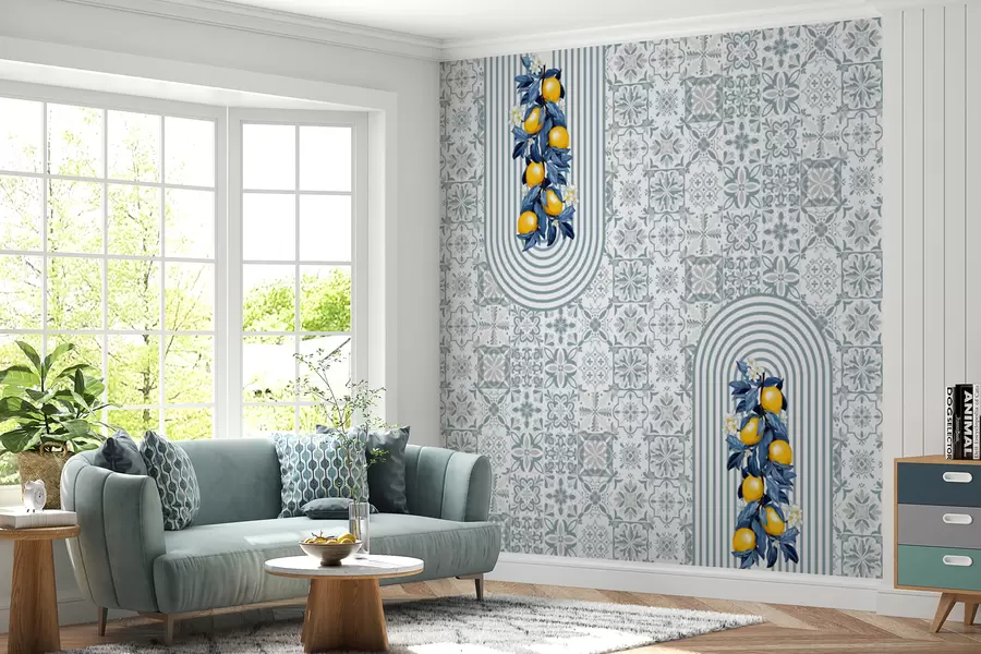 wall murals sicilian pattern, blue print with lemons.Italian blue ceramic tile pattern. Mediterranean porcelain pottery. Ethnic folk ornamenss w08034