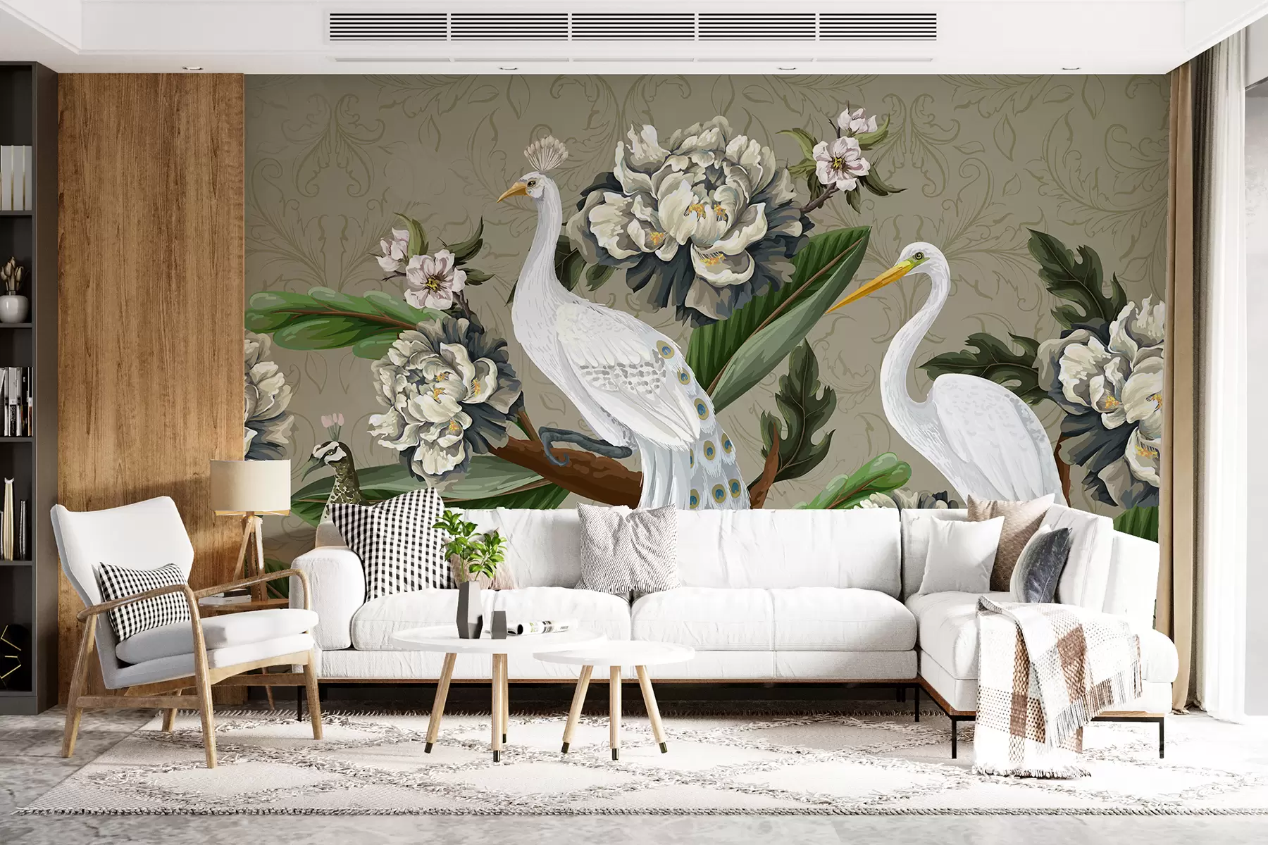 wall murals A pair of white peacocks with long tails surrounded by large white peony flowers and lush green foliage  w07975