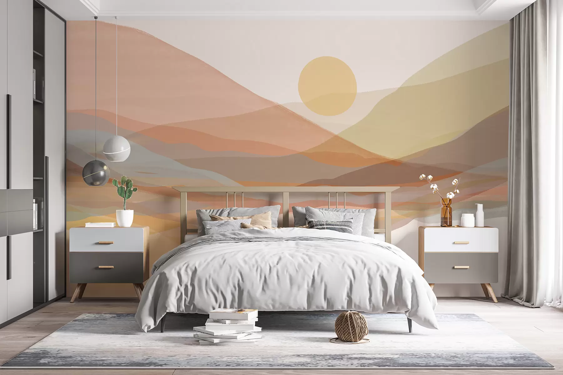wall murals Mountainous landscape with a warm sun in the sky, rolling hills in shades of orange, yellow, and brown w07976