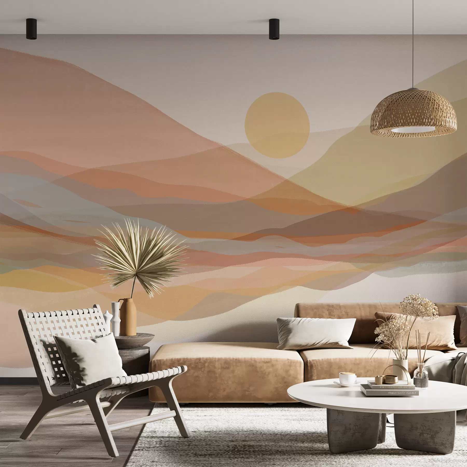 wall murals Mountainous landscape with a warm sun in the sky, rolling hills in shades of orange, yellow, and brown w07976