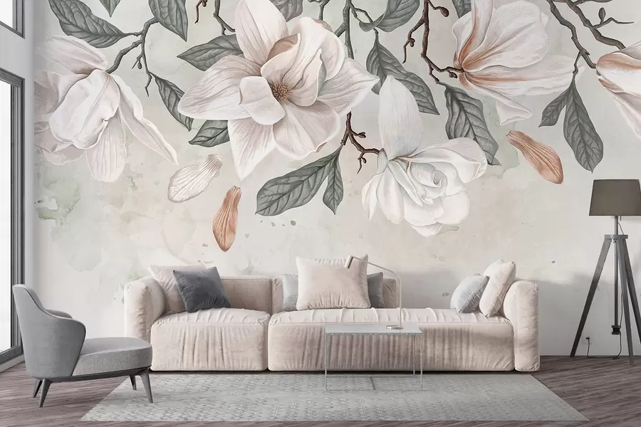 wall murals Delicate pink and white magnolia flowers with green leaves on a light background, a soft, floral composition w07977