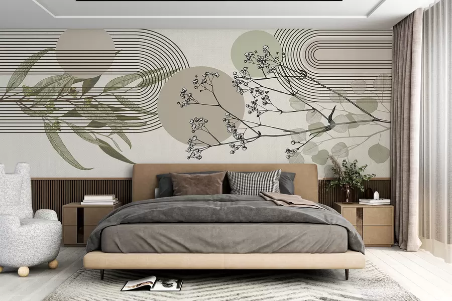 wall murals A minimalist  abstraction with organic shapes, stylized tree branches or plants with delicate floral details w07979