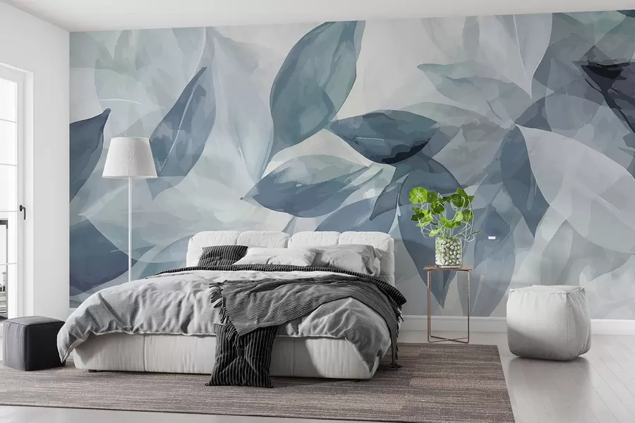 wall murals Soft gray and white watercolor leaves with a blurred, ethereal background w07981