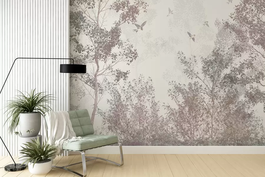 wall murals Trees with brown and gray leaves and branches with birds flying in the sky, white background w07982