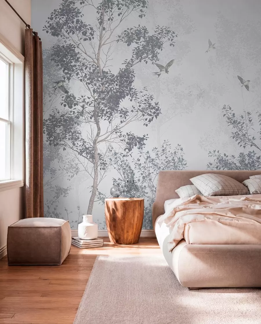 wall murals Trees with gray leaves and branches with birds flying in the sky, white background w07982v1