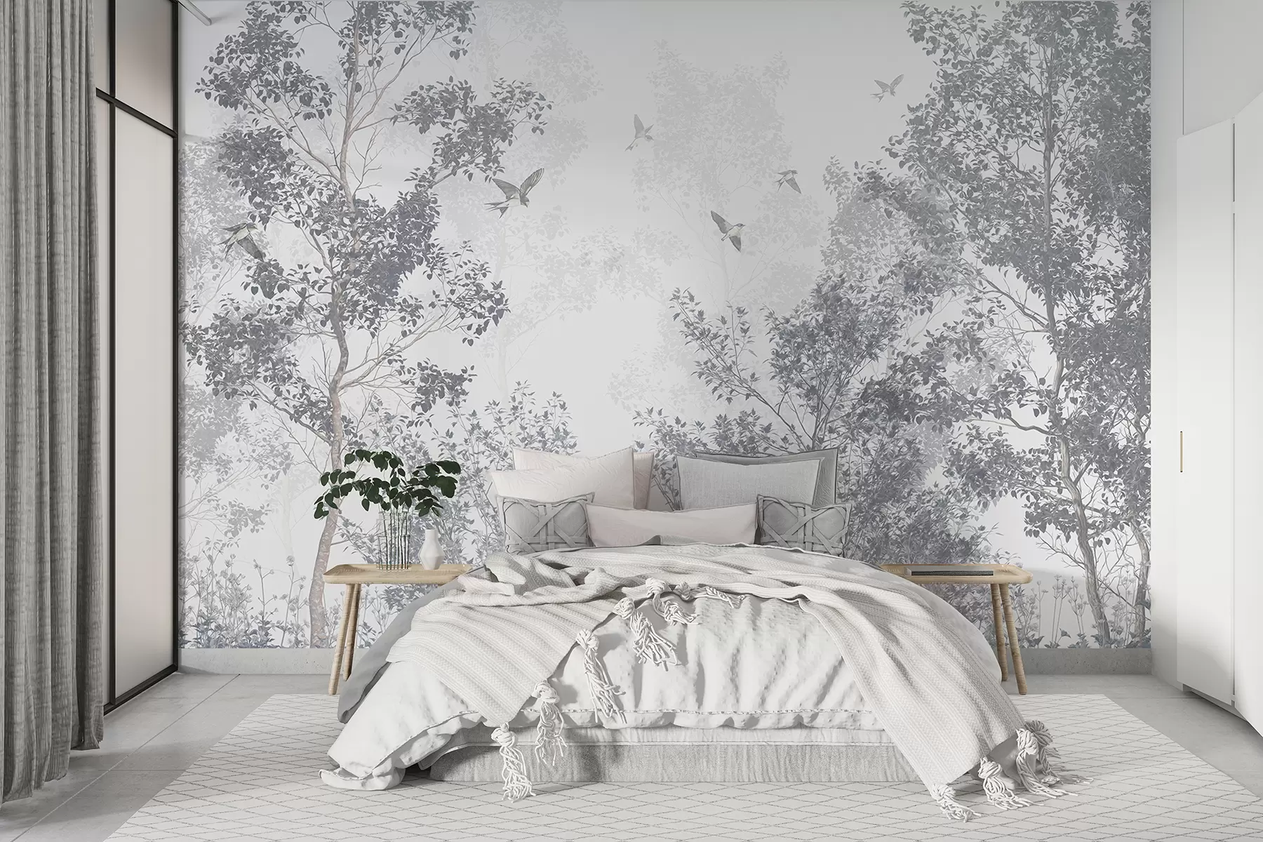 wall murals Trees with gray leaves and branches with birds flying in the sky, white background w07982v1