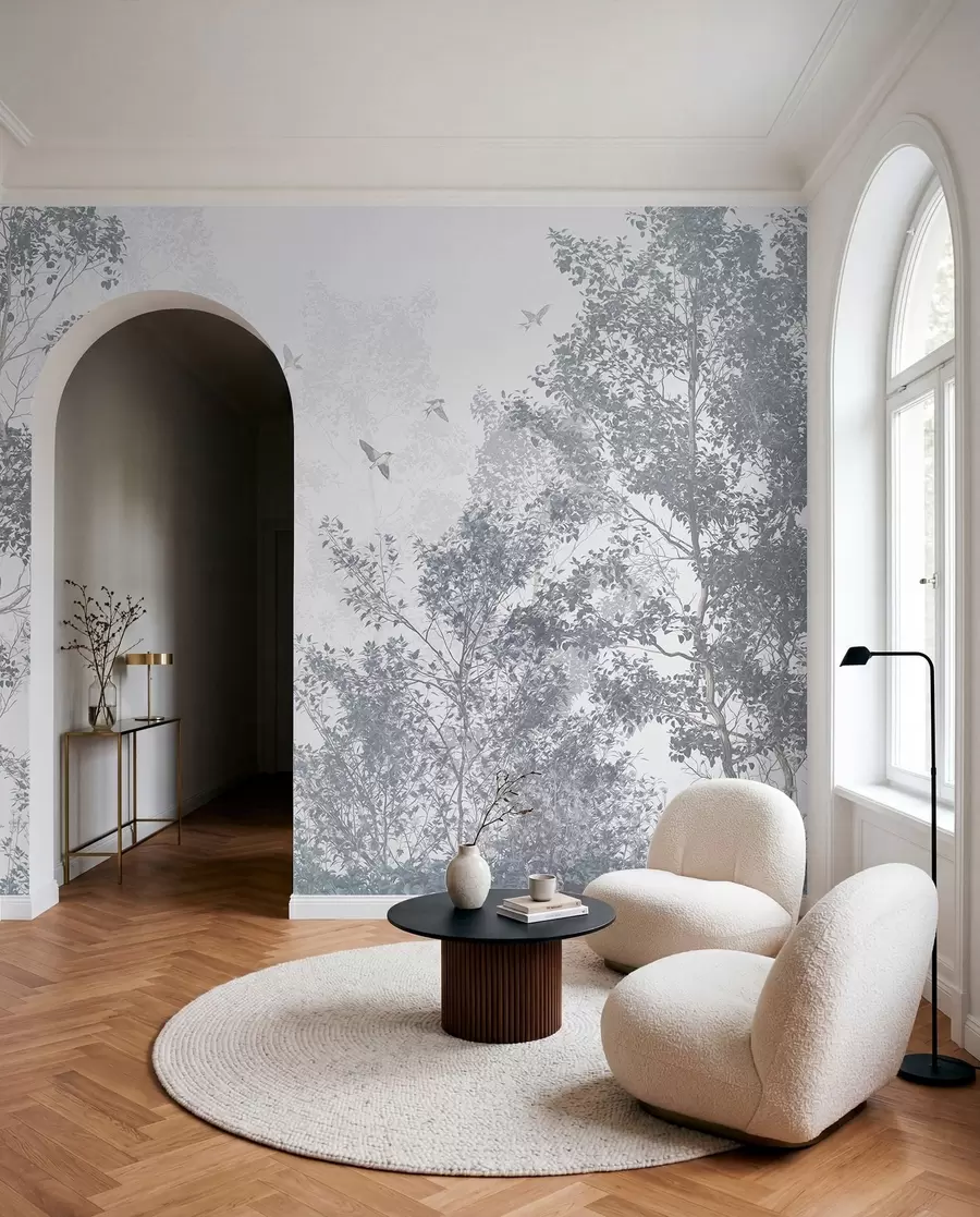 wall murals Trees with gray leaves and branches with birds flying in the sky, white background w07982v1