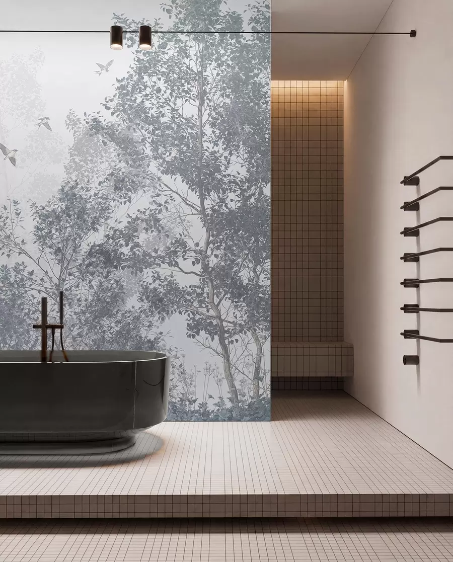 wall murals Trees with gray leaves and branches with birds flying in the sky, white background w07982v1