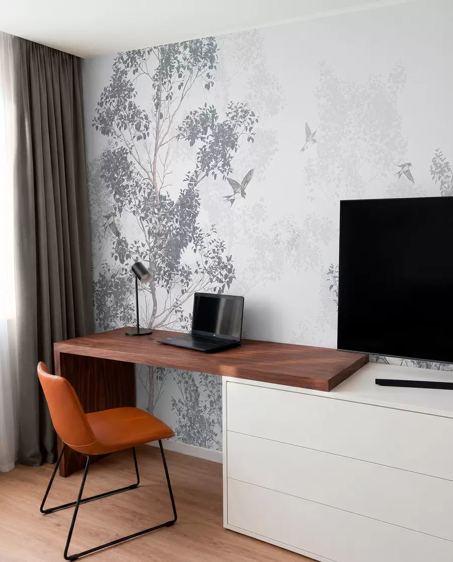 wall murals Trees with gray leaves and branches with birds flying in the sky, white background w07982v1