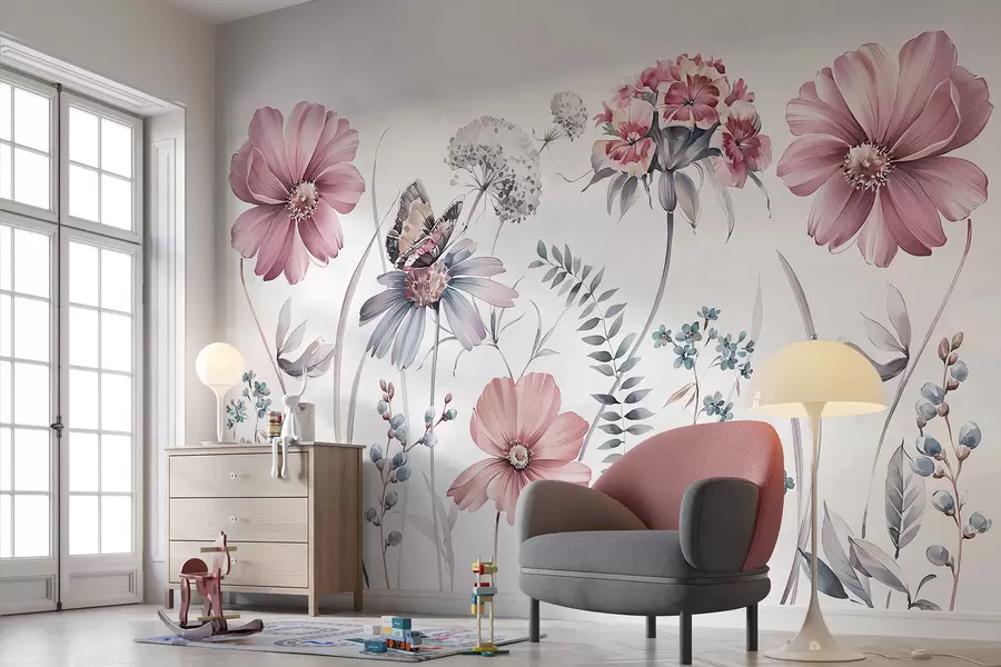 wall murals Large delicate flowers and plants with butterfly w07905