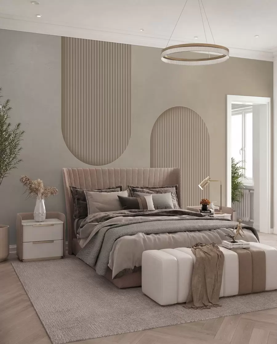 wall murals Art Deco textured wallpaper in warm beige tones. Imitation of volumetric arches    w08048