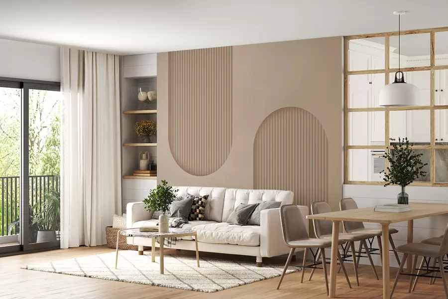 wall murals Art Deco textured wallpaper in warm beige tones. Imitation of volumetric arches    w08048