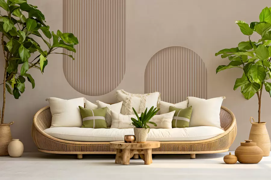 wall murals Art Deco textured wallpaper in warm beige tones. Imitation of volumetric arches    w08048