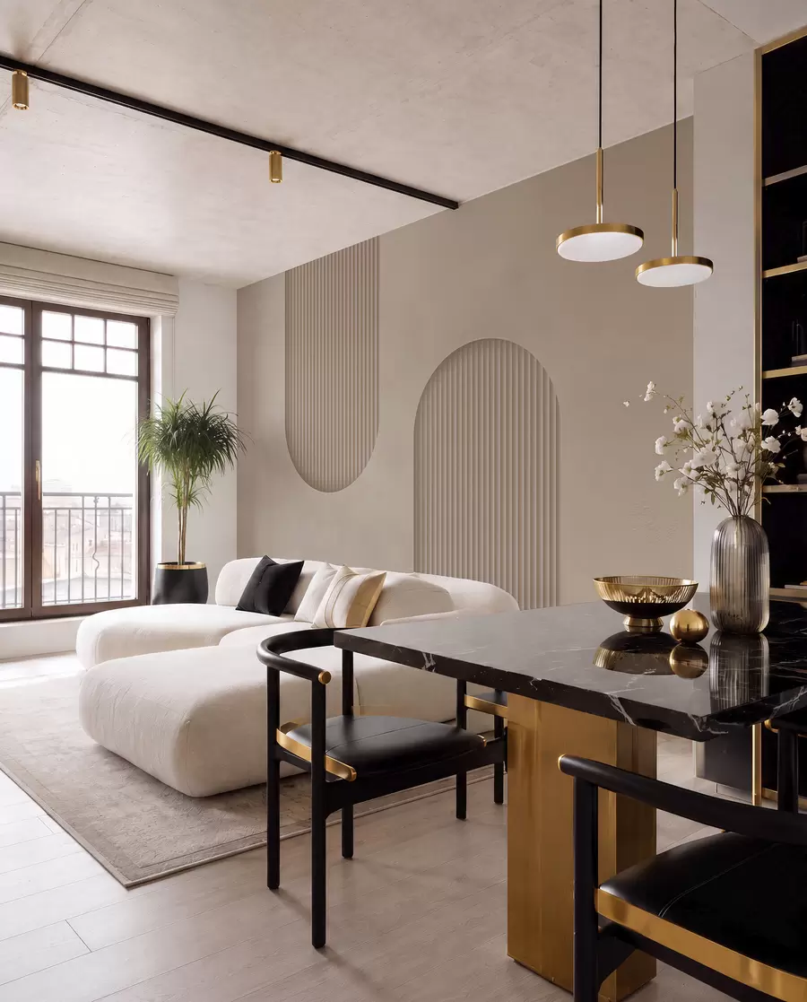 wall murals Art Deco textured wallpaper in warm beige tones. Imitation of volumetric arches    w08048
