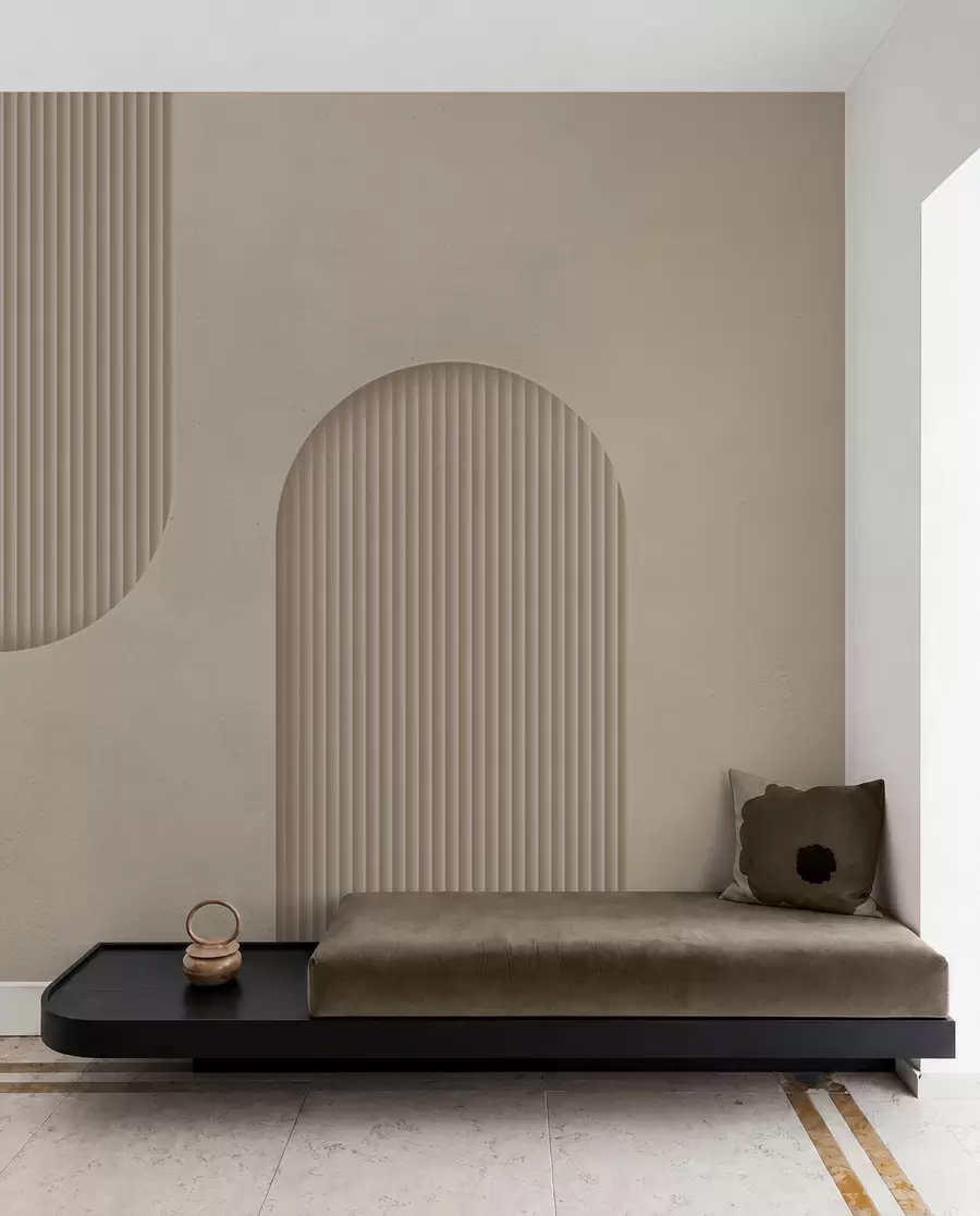 wall murals Art Deco textured wallpaper in warm beige tones. Imitation of volumetric arches    w08048