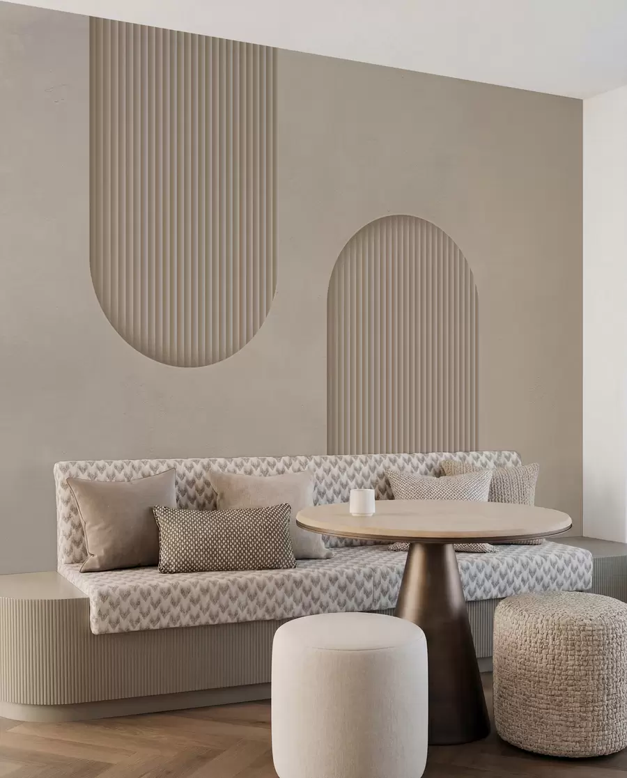 wall murals Art Deco textured wallpaper in warm beige tones. Imitation of volumetric arches    w08048