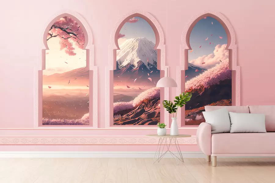 wall murals Large oriental-style windows with amazing views of Mount Fuji in soft peach color w08082