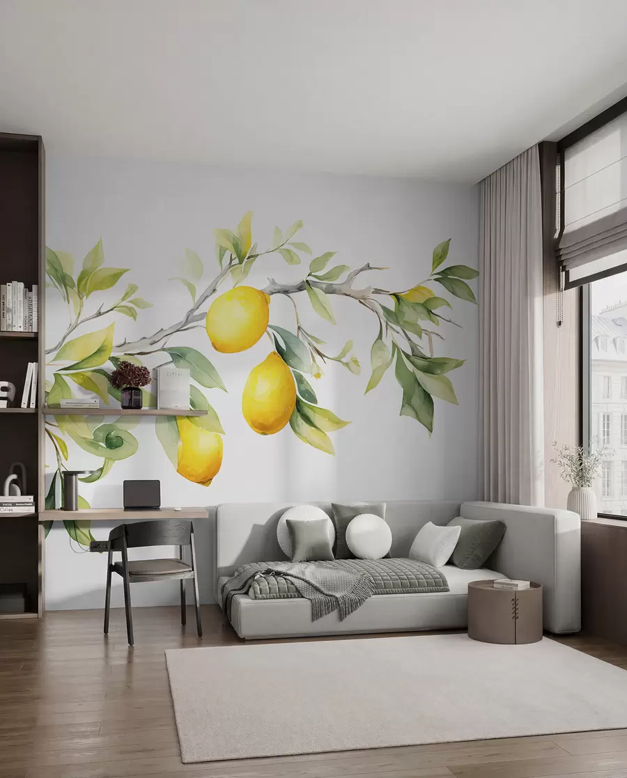 wall murals Watercolor branch with lemon leaves and fruits w08096