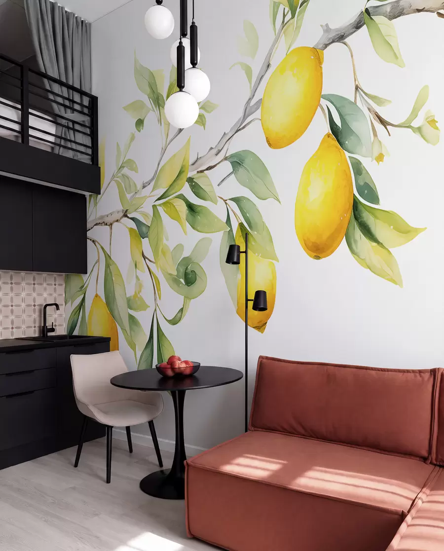 wall murals Watercolor branch with lemon leaves and fruits w08096