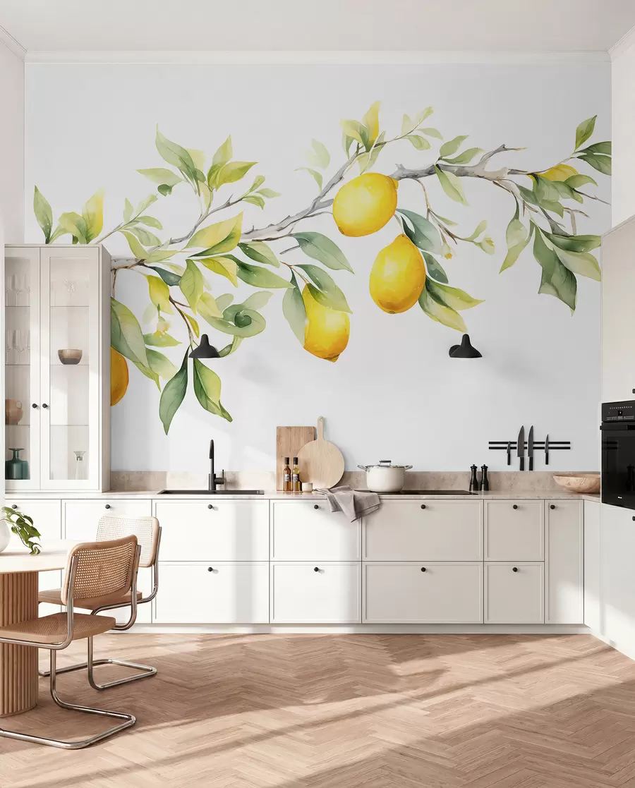wall murals Watercolor branch with lemon leaves and fruits w08096