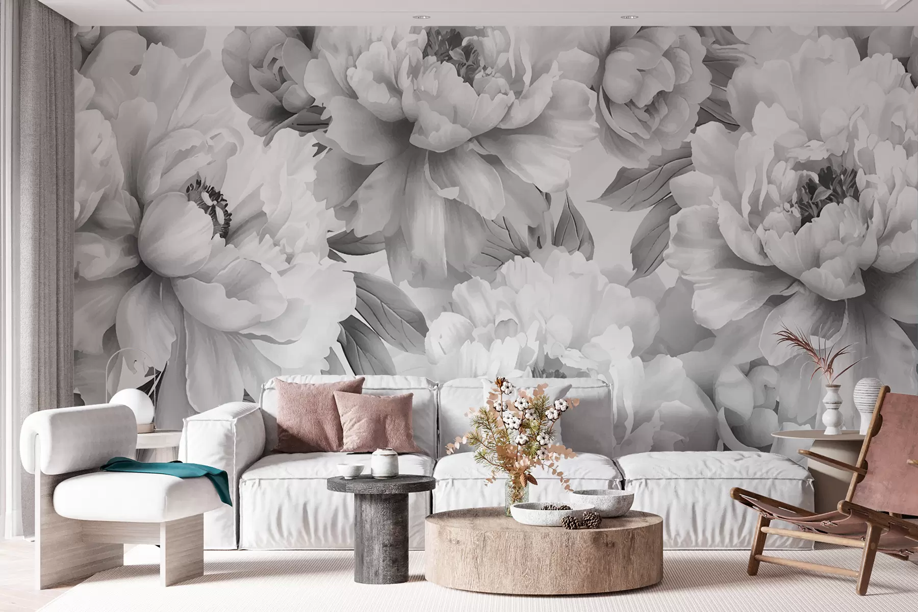 wall murals Black and white peonies w08068