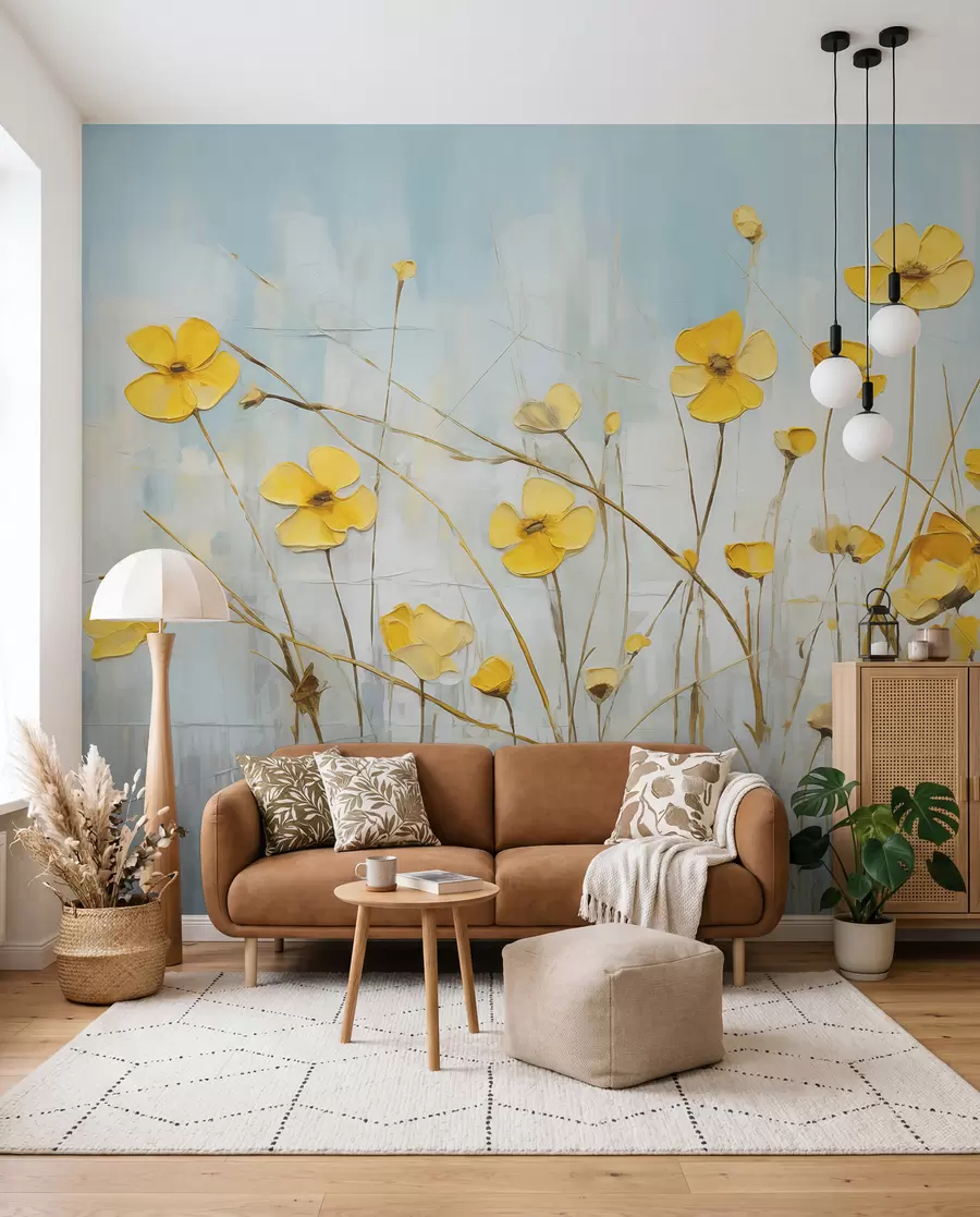 wall murals Small yellow flowers on blue oil painting w08129