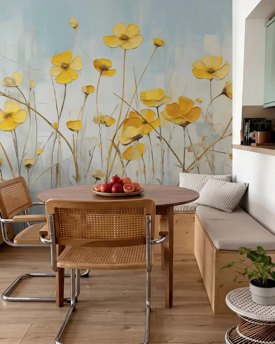 wall murals Small yellow flowers on blue oil painting w08129