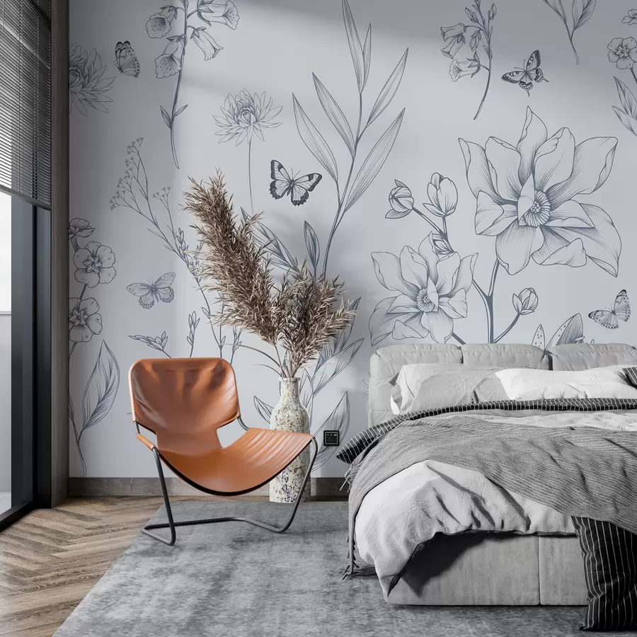 wall murals Boho Monochrome Flowers and Butterflies in blue w08088v2