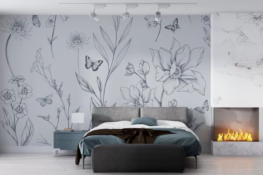 wall murals Boho Monochrome Flowers and Butterflies in blue w08088v2