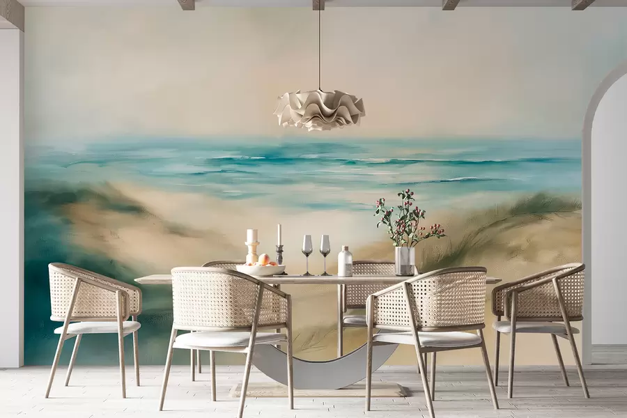 wall murals Abstract lanscape in pastel colors, beach, sea, aquamarine and beige color pallete, brush strokes w08141v1