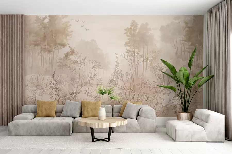 wall murals Forest landscape with wild flowers, line art, realism, trees, nature, beige color pallete w08142