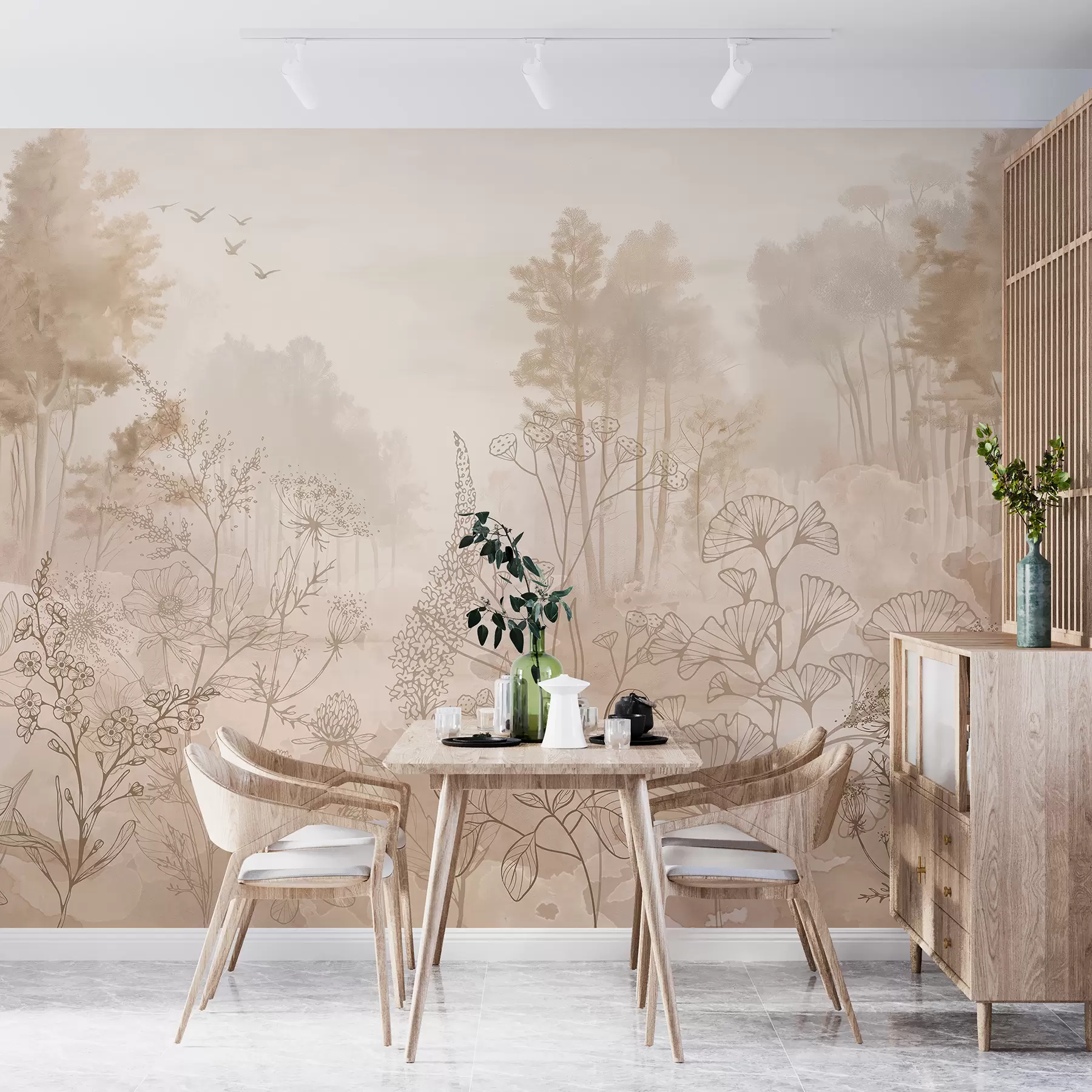 wall murals Forest landscape with wild flowers, line art, realism, trees, nature, beige color pallete w08142