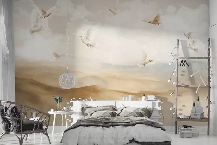 wall murals Flying birds in the sky with clouds, nature landscape, acrylic drawing, pastel beige colors w08143
