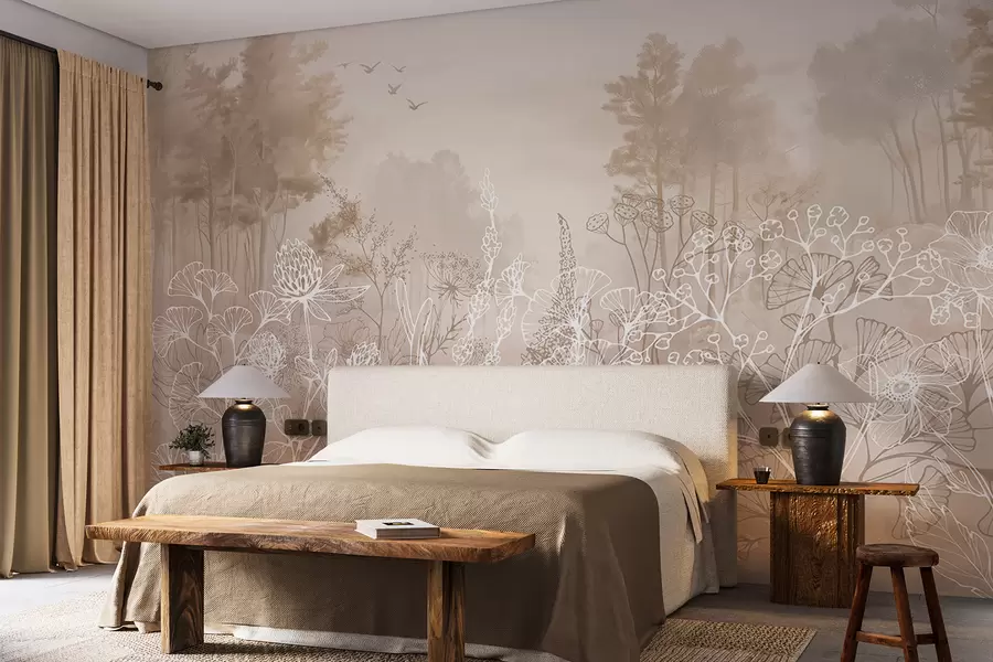 wall murals Line drawing flowers, forest landscape, nature, realism, beige color palette w08144