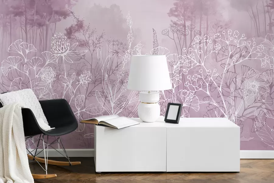 wall murals Line drawing flowers, forest landscape, nature, realism, pink color palette w08144v3