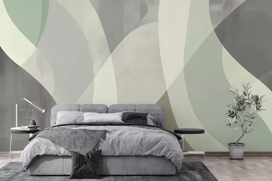 wall murals Soft curves in muted tones with flowing lines and green gradients, minimalist and modern w01334