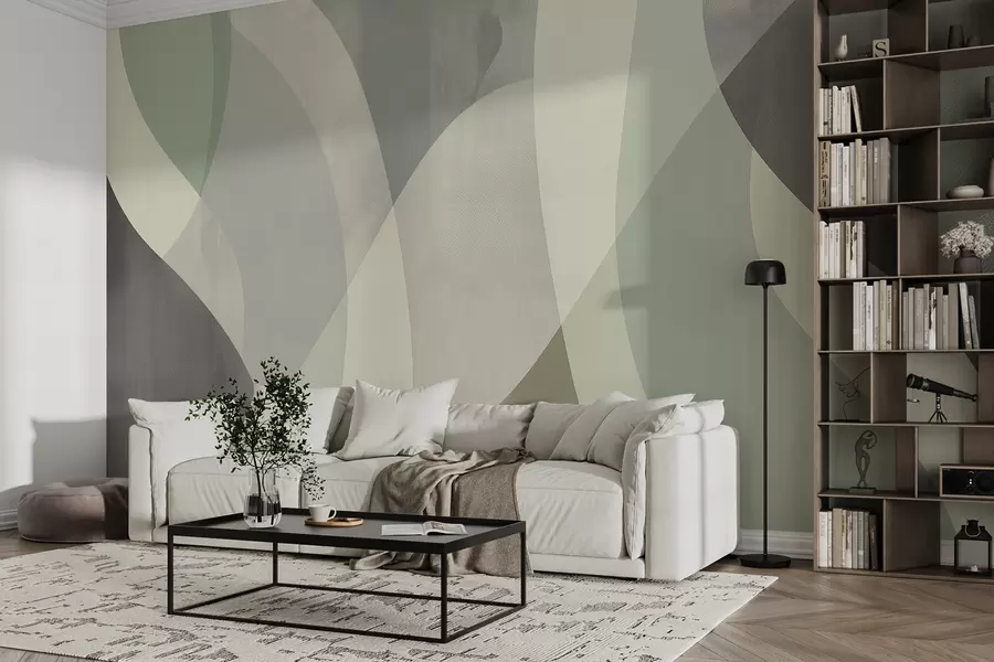 wall murals Soft curves in muted tones with flowing lines and green gradients, minimalist and modern w01334