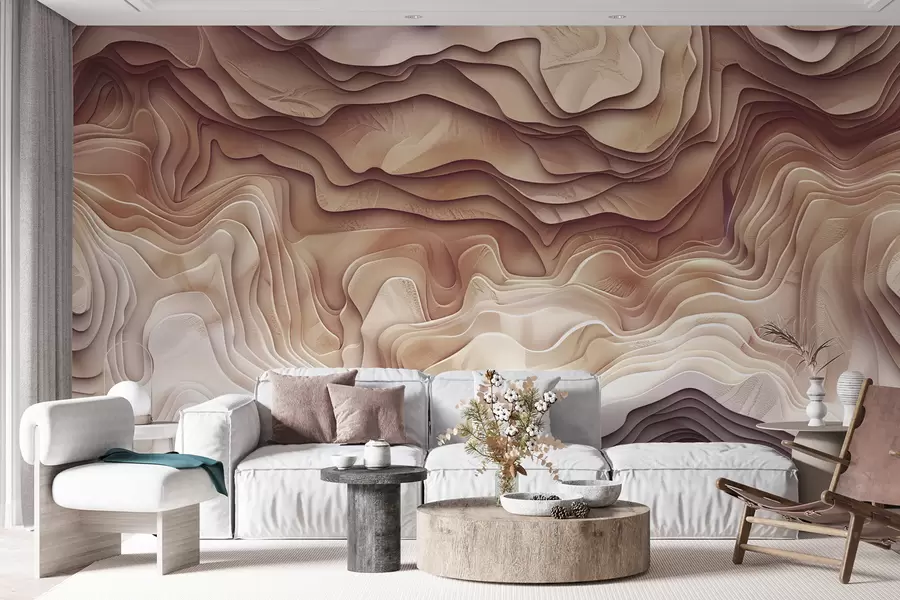 wall murals 3D topographical map with relief contours in light pink tones w01337