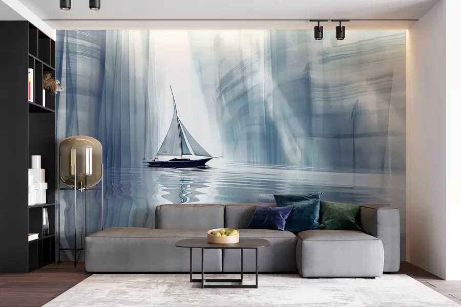 wall murals Boat on the water in a Futurist style with blue colors w01338