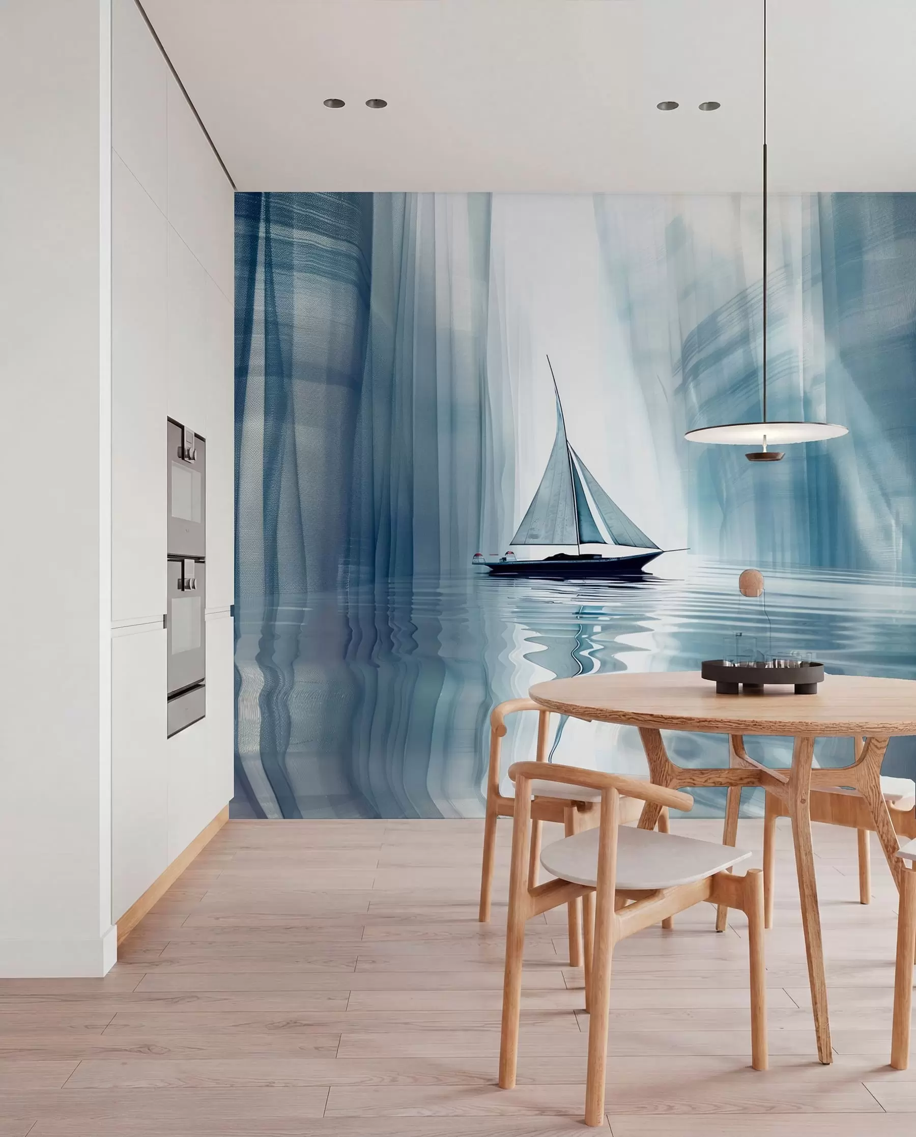 wall murals Boat on the water in a Futurist style with blue colors w01338