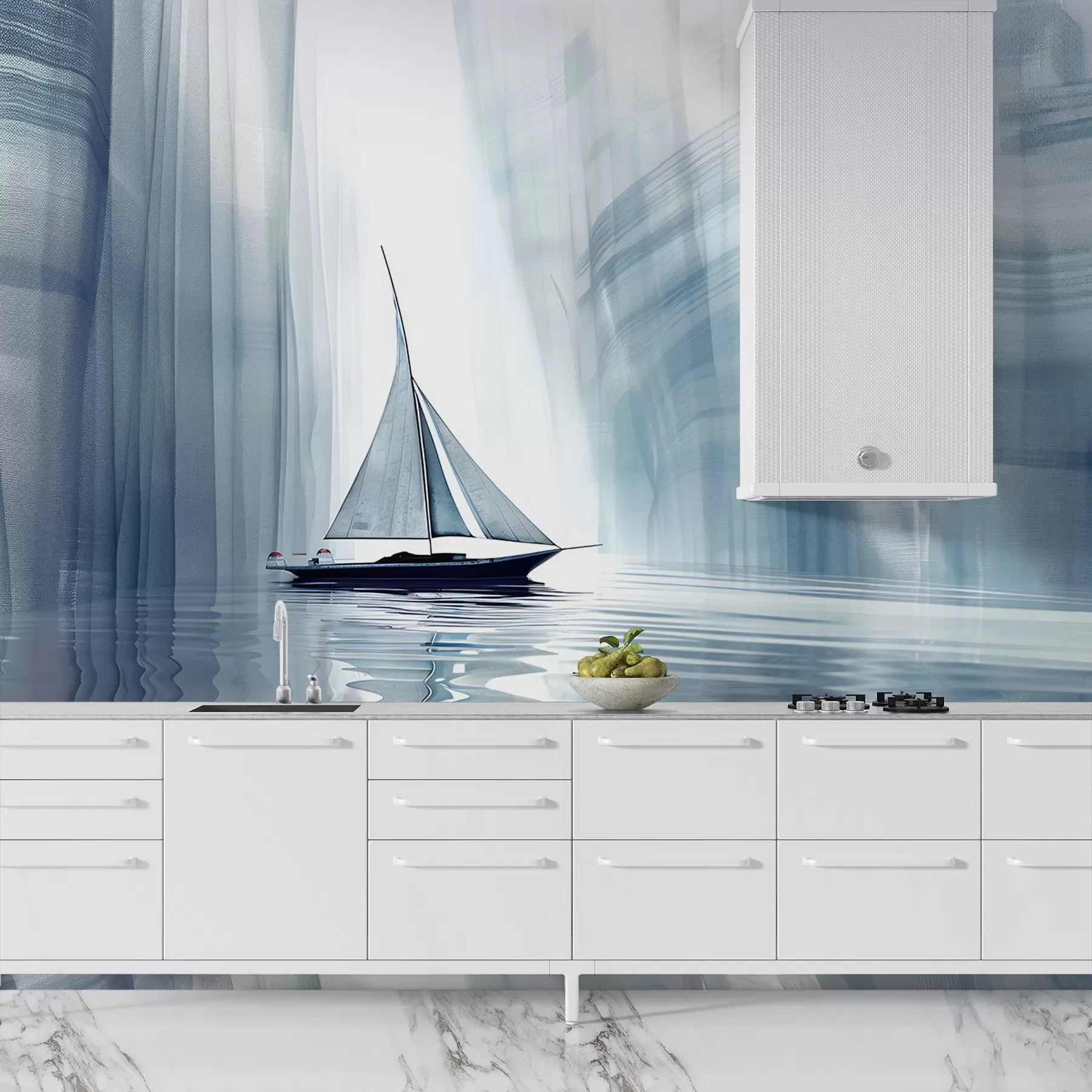 wall murals Boat on the water in a Futurist style with blue colors w01338